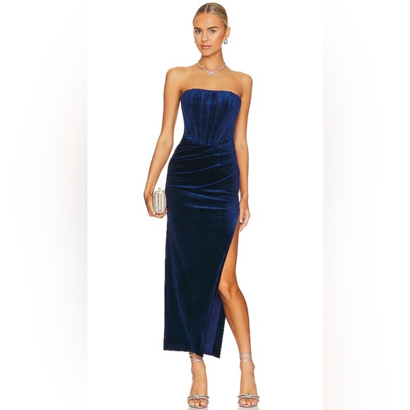 BARDOT Everlasting Velour Gown Elegant Blue Strapless Evening Dress Sz S/4 - Picture 1 of 17